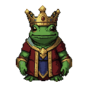A regal frog wearing a golden crown and a crimson robe with gold trim.