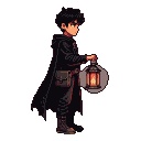 Teenage boy in dark cloak and red eyes holds glowing orange lantern, facing right.