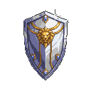 A tall, polished silver shield with golden trim, featuring a central lion's head and sapphire-blue gems along its edges and apex.