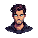 Portrait of a man with tousled brown hair, glowing ethereal eyes, and a determined gaze, wearing a dark collared jacket over a t-shirt.