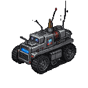 A dark gray, armored futuristic tank with glowing blue headlights and a cylindrical device on its rear.
