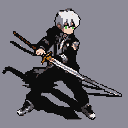 Lone warrior with white hair and piercing aqua green eyes, wearing dark modern attire, holding two swords.