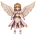 Serene angel hero girl with spread feathered wings, wearing a light pink and gold outfit, with blonde hair adorned by a pink accessory.