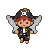 Pixie wearing a pirate tricorn hat with skull and crossbones, dark jacket with gold accents, dark trousers, boots, and feathered wings.