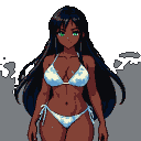 Ebony anime woman with long black hair, wearing a white bikini, with green eyes.