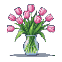 A bouquet of pink tulips in a clear glass vase with green stems and leaves.