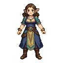 Friendly female elf with brown hair, pointed ears, wearing a blue tunic with teal accents, a golden sash, and brown boots.
