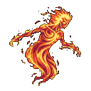 A humanoid djinn or ghost made of vibrant, swirling flames, with outstretched arms and a contorted body, erupting from darkness.