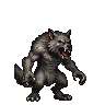 A hulking werewolf with bared fangs and glowing red eyes, muscular and fur-covered in dark grays and browns, with sharp claws extended in a menacing stance.