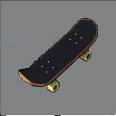 A skateboard with a dark deck, white dot grip tape, and golden trucks and wheels rests on a gray surface.