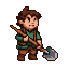 A pixel art character with brown tousled hair, wearing a green tunic, brown trousers, and boots, stands ready with a weathered shovel. A brown satchel is slung across their chest.