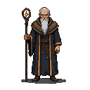 Elderly wizard in a dark, flowing robe with gold trim, holding a gnarled staff topped with a glowing orb.