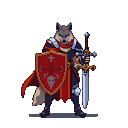 Stoic warrior with a wolf's head, wearing dark armor, a red cape, and scarf, holding an ornate sword and a crimson shield with a skull and cross motif.