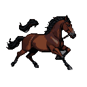 A brown horse gallops with legs extended, mane and tail flowing.