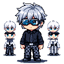 Stylized anime character with spiky white hair, blue eyes, glasses, and dark shirt with tie, flanked by two smaller bust portraits of similar characters.