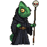 Mysterious Chameleon Sorcerer with Glowing Skull Staff