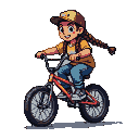 Young person with braided hair and baseball cap joyfully riding a BMX bicycle.