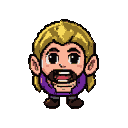 Character with bright blonde hair, prominent beard, wide expressive eyes, and an open-mouthed joyful expression. Wearing a purple tunic and brown boots, arms held close to chest.