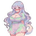 A shy maiden with long pastel hair and starry eyes, blushing deeply, wears a frilly pastel dress and has a fluffy white tail.