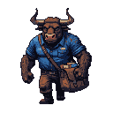Burly minotaur in a blue postal uniform and brown trousers, carrying a worn satchel.