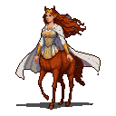 Regal centaur princess with flowing auburn hair, golden-accented breastplate, and red-lined white cape, transitioning from human torso to chestnut equine body.