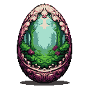 Enchanted forest scene with stylized trees and vibrant foliage inside an ornate, jewel-toned Fabergé egg.