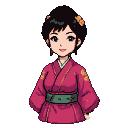 Young woman in a magenta kimono with golden floral patterns and a dark green obi, wearing yellow flowers in her hair.