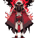 A minotaur archmage, cloaked in crimson robes, with a fiery halo around its horned head and infernal energy emanating from its body.