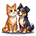 A ginger tabby cat with green eyes sits next to a black and tan puppy with its tongue out.