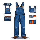 Classic blue denim overalls with bib pocket and adjustable straps, next to detached bib, trousers, and tool belt with orange accents.