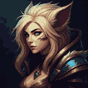 Fierce warrior with blue eyes, flowing blonde hair, and feline ears, wearing gold and teal ornate armor, gazes intently to the side against a dark, textured background.