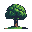 A solitary green pixelated tree with a brown trunk and roots on a small patch of green ground against a black background.
