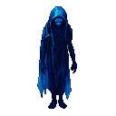 A solitary, cloaked figure in deep blues stands against a black background.