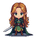 Chibi elven warrior with auburn hair and green eyes, wearing a green tunic, leather bracers, and a cape, with a sword at her side.