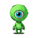 A small, lime-green alien with a single, large, bright blue eye, its gaze forward.
