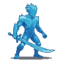 A muscular water elemental made of icy blue pixels, with jagged crystalline protrusions on its shoulders and head, holding a glowing sabre forged from frozen water.