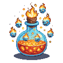 A glass potion bottle filled with bubbling orange liquid and glowing embers, with blue-faced, fiery-maned souls trapped inside and floating around it.