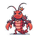 Red crustacean boss with spiked armor and a golden crown, holding large claws, with a stern expression.