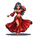 A captivating pixel art dancer in a vibrant red and gold costume performs a graceful, dynamic pose. Her flowing gray hair and intricate attire embody the spirit of a mesmerizing Arabic dance.