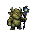 A stout, green-skinned creature with small horns and glowing yellow eyes holds a staff topped with a glowing blue magical orb.