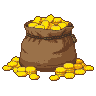 A overflowing brown sack of pixelated gold coins on a dark surface.