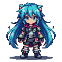 Anime-inspired character with blue hair and cat ears, wearing a hooded jacket, tactical shorts, and armored boots.