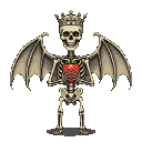 Pixel Art: skeleton wearing crown and with bat wings, holding strawberr...
