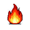 A vibrant, pixelated flame with a bright yellow core fading to orange and red tips, set against a black background.