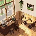 Pixel art coffee shop interior with wooden counter, tables, chairs, a hanging plant, and sunlight streaming through a window.