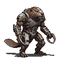 Bipedal beaver mech with weathered steel body, exposed hydraulics, and integrated natural beaver features, standing alert on a black background.