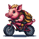 A pink pig with a blond mohawk and a tan backpack pedals a red bicycle with a wide, adventurous smile. This whimsical scene captures pure joy and the spirit of a delightful journey.