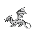 Grayscale dragon in mid-flight with wings spread, mouth open, against a black background.