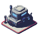 Futuristic military vehicle station with a multi-tiered central building, two flanking towers topped with blue lights, all on a textured platform with a red and white border.