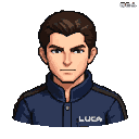 Young man with dark hair, wearing a dark blue jacket with grey accents, the name "LUCA" in white.